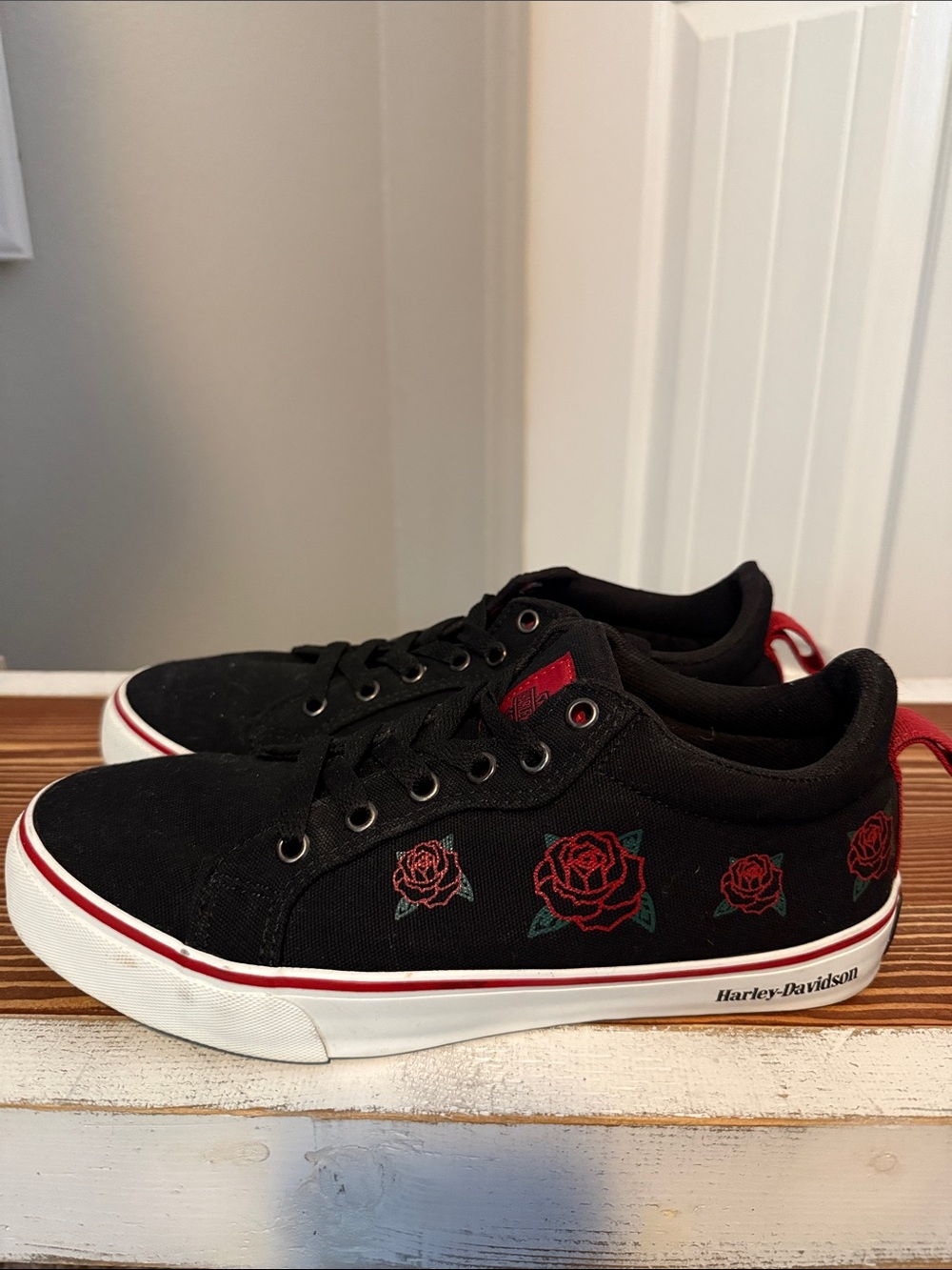 Harley-Davidson Black Canvas Sneakers with Red Rose Embroidery